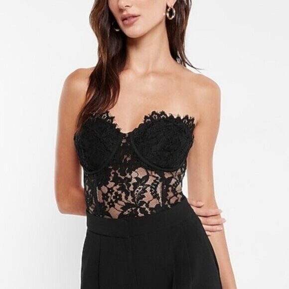 🖤 EXPRESS Black Lace Bustier Corset Strapless Tube Top - Picture 1 of 16
